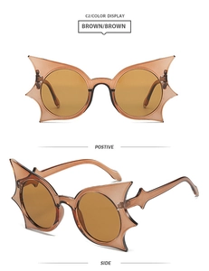 Brown oversized butterfly sunglasses featuring unique starburst frames in two views