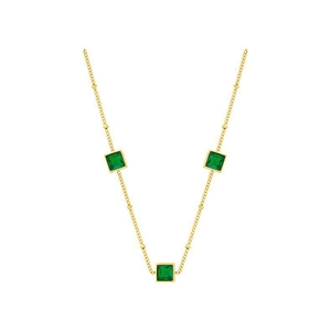 Titanium steel necklace with three square green gemstones on a gold chain