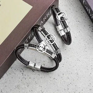 Men's microfiber leather braided bracelet set with stainless steel skull and music charms