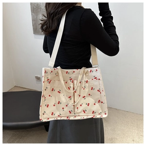 Detail of canvas tote bag with cherry print, wide shoulder strap and outer pocket