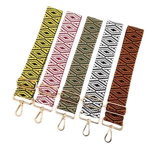 Detail of adjustable woven straps with geometric diamond patterns and gold metal clasps