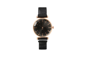 Reloj de cuarzo para mujer con correa magnética negra y caja de oro rosa