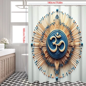 Detail of 3D mandala shower curtain with Om symbol and 180x180cm size specifications