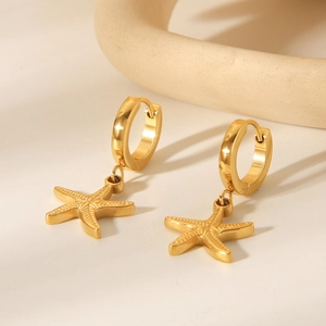 Starfish drop earrings in 18k gold plated stainless steel with a brushed metal texture