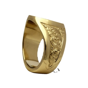 Men's 18k gold plated signet ring with royal crown lion shield and ornate side carving