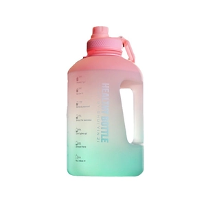 High capacity gradient pink and green sports water bottle with handle and straw