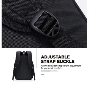 Detail of adjustable strap buckle and texture of durable black business backpack