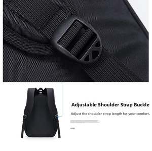 Detail of adjustable strap buckle and texture of durable black business backpack