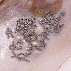 Macro shot of silver twisted metal alphabet pendants on iridescent seashell background