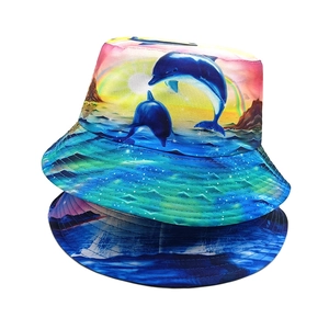 Dolphin sunset print bucket hats with rainbow landscape for beach sun protection