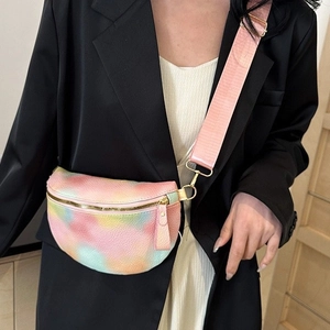 Chic pastel tie-dye crossbody chest bag for women with lychee grain texture and wide strap