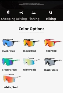 Detail showing seven color variants of wrap-around cycling sunglasses for outdoor sports
