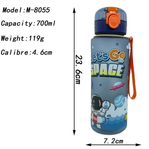 700ml blue astronaut sports water bottle with orange flip lid and strap on white background