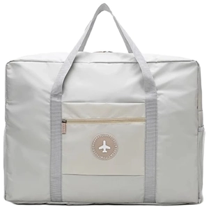 Light gray large capacity foldable travel duffel bag with Happy Flight circular logo