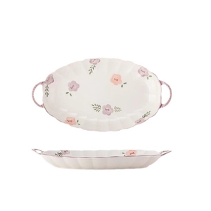 Oval purple and pink floral ceramic serving plate with handles, top and side views