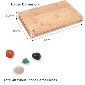 Foldable bamboo Mancala board set with 48 colorful stones and compact storage size