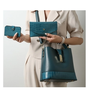 Detail of teal three-piece bag set featuring lychee and crocodile grain leather textures