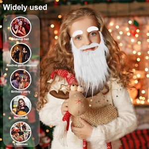 Detailed view of long white Santa Claus beard and eyebrows set on a young child model