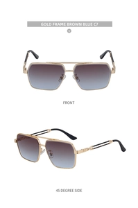 Front and 45-degree side views of gold aviator sunglasses with brown-blue gradient lenses