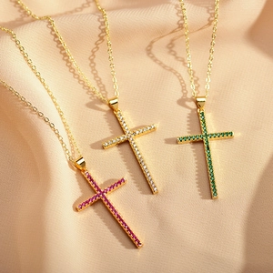 Trendige Kupfer Kreuz Anhänger Halskette Gold Plattiert Strass Mikro Eingelegt Schmuck Für Unisex Religiöse Mode Täglich Geschenk