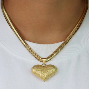 18k gold plated snake chain necklace with a textured heart pendant on model