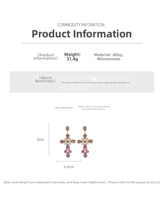 Detail view of vintage baroque cross earrings with colorful rhinestones and 9cm length