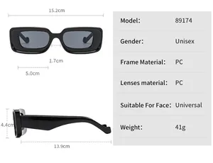Detailed dimensions of rectangular fashion sunglasses with PC frame and universal fit specs