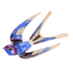 Squisita spilla a rondine in smalto blu e viola con strass bianchi scintillanti