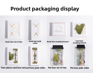 Detail of natural jade roller and gua sha set in diverse gift packaging options
