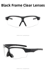 Close-up of black semi-rimless sports sunglasses with clear lenses and non-slip nose pads