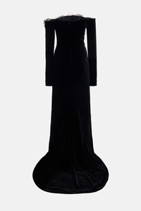 Detailed view of off-shoulder velvet evening gown with white ruffle contrast trim