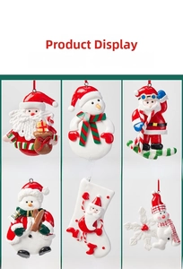 Detailed size specifications for 6-piece Christmas character ornaments including Santa Claus