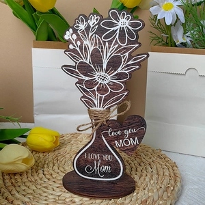Detail of wooden flower vase decor with Love You Mom engraved heart tags and twine