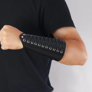 Men's punk black leather lace-up wrist guard bracer for archery and biker fashion