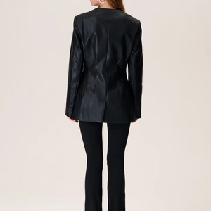 Women's vintage black leather blazer jacket with slim waist and retro V-neck style