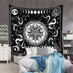 Bohemian black and white mandala tapestry with gothic skull and occult astrology patterns