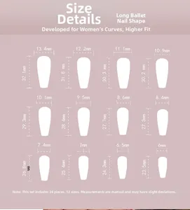 Size chart for long coffin press-on nails showing detailed width and length dimensions