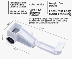 Detailed view of white rotary cheese grater with dimensions and stainless steel drum