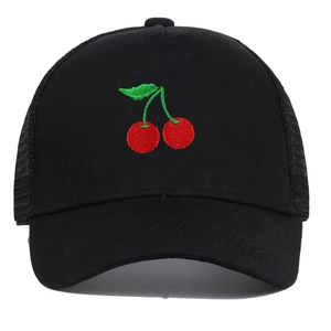 Detailed view of cherry embroidery on black cotton and mesh trucker baseball hat