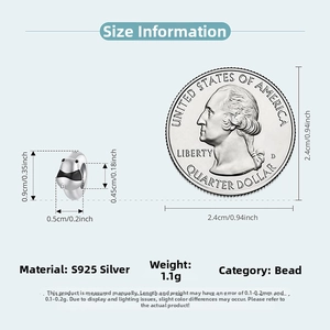 Detailed size specifications for S925 sterling silver animal bead with coin comparison
