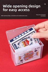Detail of transparent plastic playing card storage box with flip-top wide opening lid