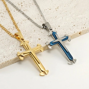 Men Cross Pendant Necklace Stainless Steel 18K Gold Plated Layered Hip Hop Fashion Jewelry Streetwear Style