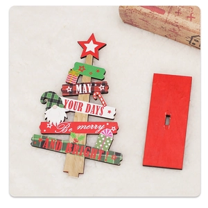 Detailed flat lay of wooden Christmas tree parts and red base for tabletop decoration