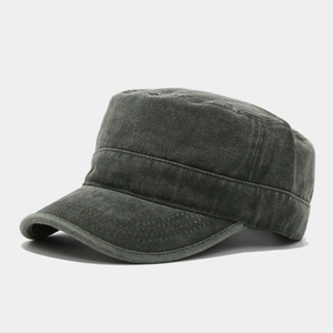 Close-up of washed dark gray flat top military cap with detailed reinforced visor stitching