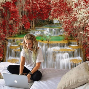 Wall hanging tapestry with autumn forest waterfall landscape for bedroom wall decor