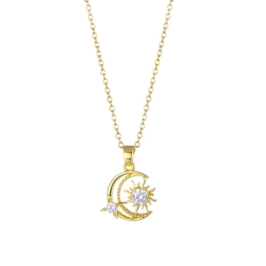 Golden stainless steel necklace featuring a moon, sun and comet pendant with sparkling zircons