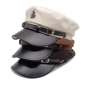 Sailor Captain Hat Wool Felt Flat Top Newsboy Cap With Metal Anchor Badge Leather Brim Retro Marine Style Women Accessory