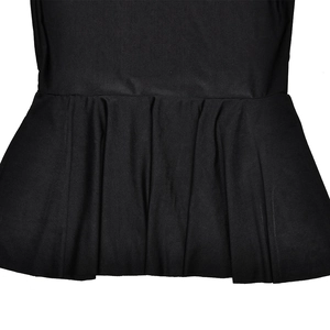 Detailed view of the pleated hem and fabric texture of the black halter midi dress