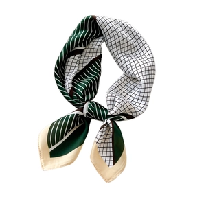 Elegant geometric patterned silk scarf with dark green stripes and black-white check texture