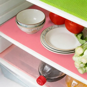 Washable pink and green textured refrigerator mats for cabinet shelf protection